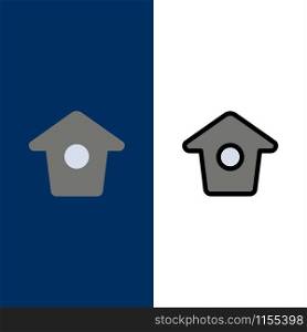 Birdhouse, Tweet, Twitter Icons. Flat and Line Filled Icon Set Vector Blue Background
