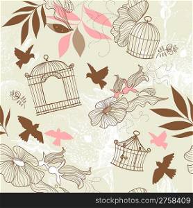 Birds and bird cages. Seamless pattern