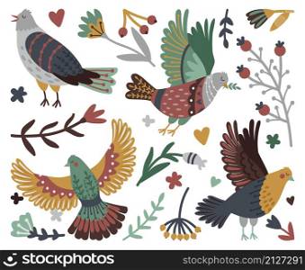 Birds and forest design elements. Hand drawn berries and branches with leaves around cute bird set, vector illustration of flying wild fowls with wings isolated on white background. Birds and forest design elements