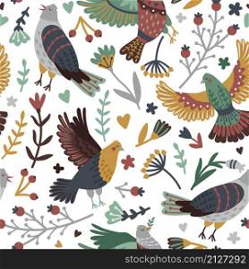 Birds and forest elements seamless pattern. Hand drawn branches with leaves and berries around cute bird set, vector illustration of flying fowls with wings isolated on white backgr. Birds and forest seamless pattern