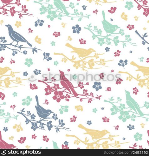 Birds and twigs seamless pattern. Flower and branch, decoration love and romantic, design floral, vector illustration. Birds and twigs seamless pattern