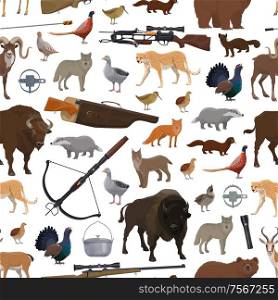 Birds, animals and hunting sport equipment seamless pattern. Vector shooting weapon, crossbow and gun, trap and rifle. Buffalo and wolf, duck and lynx, cheetah and bear, antelope and goat. Hunting sport items, animals and birds pattern