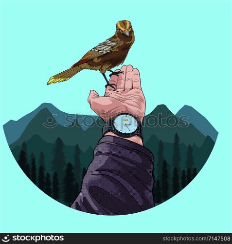Birds are perching in the hands of humans in the natural forest Illustration vector On pop art comic style Nature colorful background