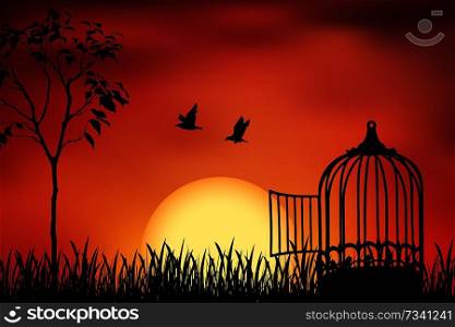 Birds couple escape from a cage, released to nature. Beautiful and positive vector illustration on a orange sunset background. Freedom and togetherness concept.