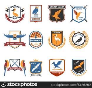 Birds Emblems Flat Icons Collection . Exotic and wild birds flat emblems collection with peacock art studio label abstract isolated vector illustration