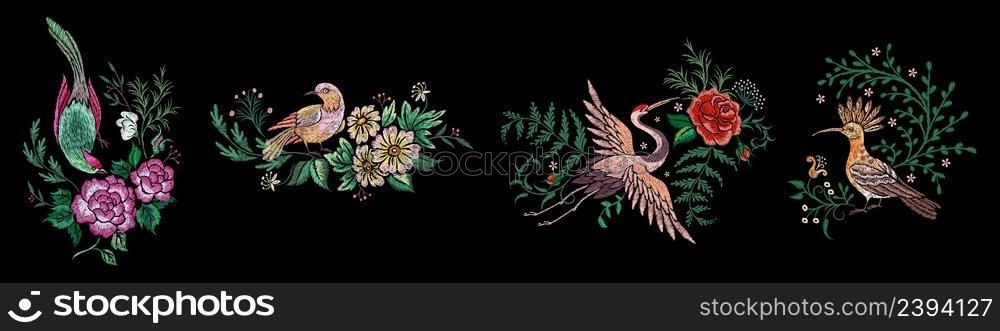 Birds embroidery templates. Romantic bird oriental print. Handmade silk stitch floral compositions for tshirt design. Exotic stitched flowers nowaday vector set. Illustration of tapestry embroidery. Birds embroidery templates. Romantic bird oriental print. Handmade silk stitch floral compositions for tshirt design. Exotic stitched flowers nowaday vector set