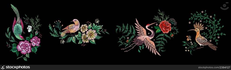 Birds embroidery templates. Romantic bird oriental print. Handmade silk stitch floral compositions for tshirt design. Exotic stitched flowers nowaday vector set. Illustration of tapestry embroidery. Birds embroidery templates. Romantic bird oriental print. Handmade silk stitch floral compositions for tshirt design. Exotic stitched flowers nowaday vector set
