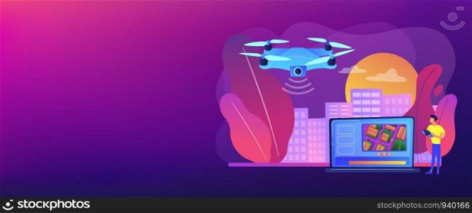 Birds eye view position. Live streaming droning, flight. Aerial videography, professional aerial video, drone inspection service concept. Header or footer banner template with copy space.. Aerial videography concept banner header