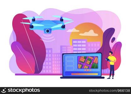 Birds eye view position. Live streaming droning, flight. Aerial videography, professional aerial video, drone inspection service concept. Bright vibrant violet vector isolated illustration. Aerial videography concept vector illustration