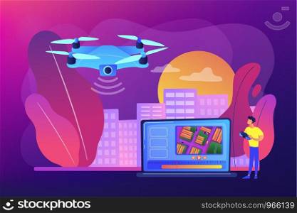 Birds eye view position. Live streaming droning, flight. Aerial videography, professional aerial video, drone inspection service concept. Bright vibrant violet vector isolated illustration. Aerial videography concept vector illustration