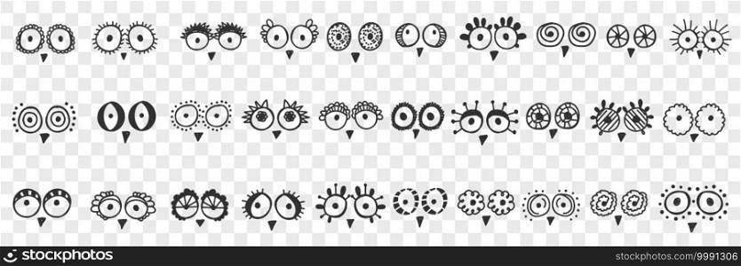 Birds eyes and beak doodle set. Collection of hand drawn cute funny round eyes and beaks of various birds in sketch manner isolated on transparent background. Birds eyes and beak doodle set