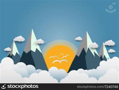 Birds fly to the sun and beautiful mountains with beautiful clouds.paper art,Vector illustration