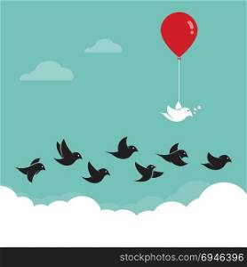 Birds flying in the sky and red balloons. Concept creative