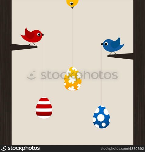 Birds hold Easter eggs on a cord. A vector illustration