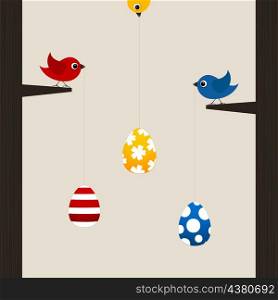 Birds hold Easter eggs on a cord. A vector illustration