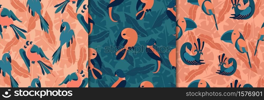 Birds in jungle seamless pattern. Exotic parrots orange green tropical paradise with toucans jungle vines and flowers beautiful brazilian fauna with hawaiian flora trendy vector decoration.. Birds in jungle seamless pattern. Exotic parrots orange green tropical paradise with toucans jungle vines and flowers.