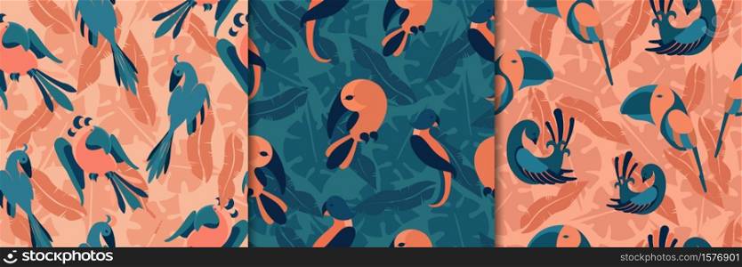 Birds in jungle seamless pattern. Exotic parrots orange green tropical paradise with toucans jungle vines and flowers beautiful brazilian fauna with hawaiian flora trendy vector decoration.. Birds in jungle seamless pattern. Exotic parrots orange green tropical paradise with toucans jungle vines and flowers.