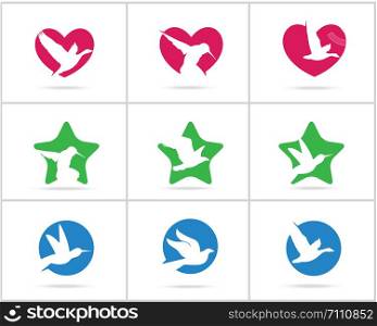 Birds logo collection. Duck in heart icons, dove and Humming bird in home, Hawk and eagle in star logo.