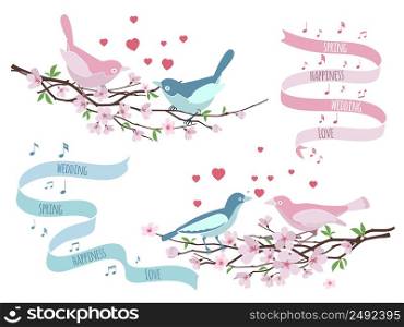 Birds on branches for wedding invitations. Flower decoration, love and romantic, design floral. Vector illustration. Birds on branches for wedding invitations