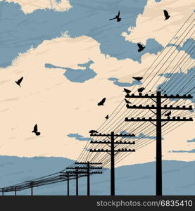 Birds on wire, romantic background
