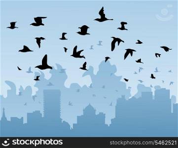 Birds over a city. Birds fly by over a city. A vector illustration