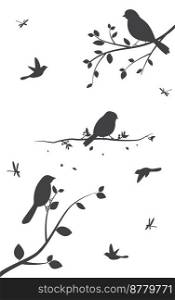 Birds silhouette with tree and birdcages