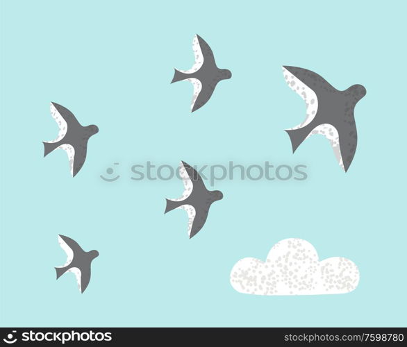 Birds with grey plumage vector, swallows symbolizing spring and warmth of summer, flock of characters flying above on blue sky with cloud flat style. Flying Swallow ay Blue Sky, Spring Birds Vector