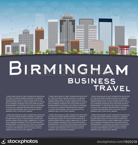 Birmingham (Alabama) Skyline with Grey Buildings, Blue Sky and copy space. Business travel concept. Vector Illustration