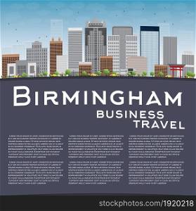 Birmingham (Alabama) Skyline with Grey Buildings, Blue Sky and copy space. Business travel concept. Vector Illustration
