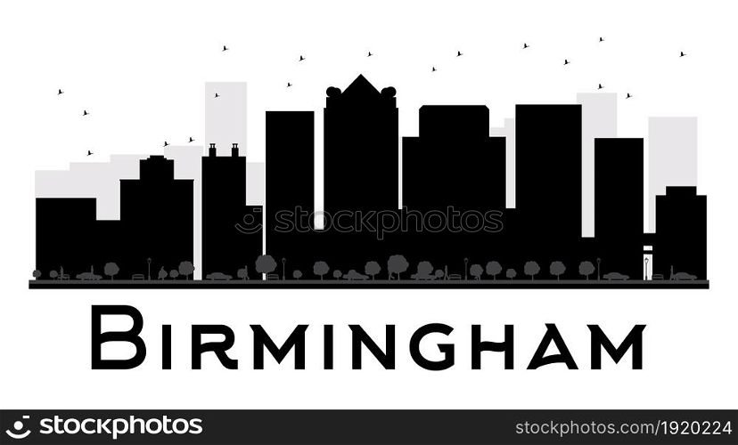 Birmingham City skyline black and white silhouette. Vector illustration. Simple flat concept for tourism presentation, banner, placard or web site. Business travel concept. Cityscape with famous landmarks