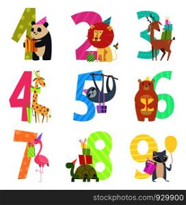 Birtday numbers animals. Party fun invitation for kids celebration characters animals of wildlife zoo vector cartoon mascots. Illutration of birthday numbers with lion and panda, turtle and raccoon. Birtday numbers animals. Party fun invitation for kids celebration characters animals of wildlife zoo vector cartoon mascots