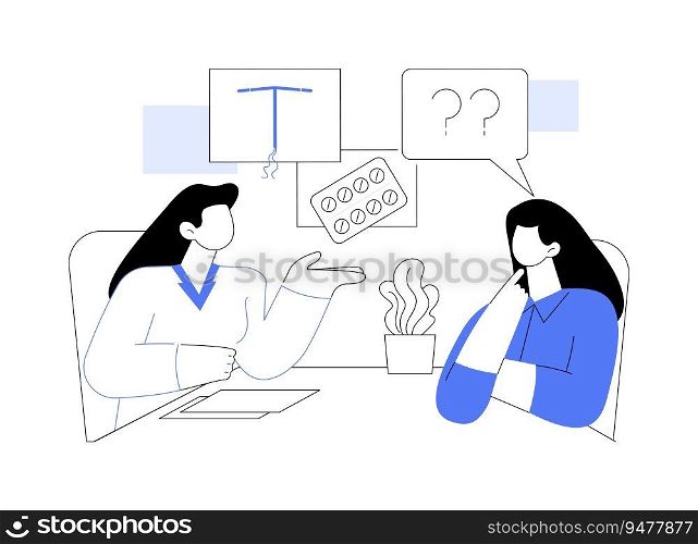 Birth control abstract concept vector illustration. Gynecologist advises pills to prevent pregnancy, preventative medicine, healthier mothers and babies, contraceptive usage abstract metaphor.. Birth control abstract concept vector illustration.
