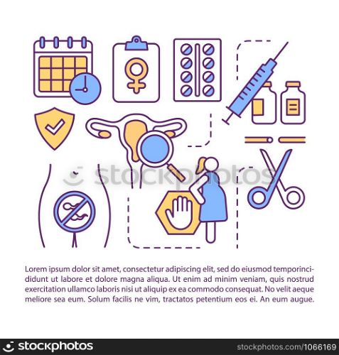 Birth control article page vector template. Pregnancy protection. Female contraception. Brochure, magazine, booklet design element with linear icons. Print design. Concept illustrations with text