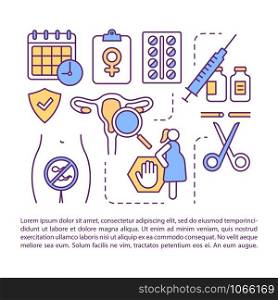 Birth control article page vector template. Pregnancy protection. Female contraception. Brochure, magazine, booklet design element with linear icons. Print design. Concept illustrations with text