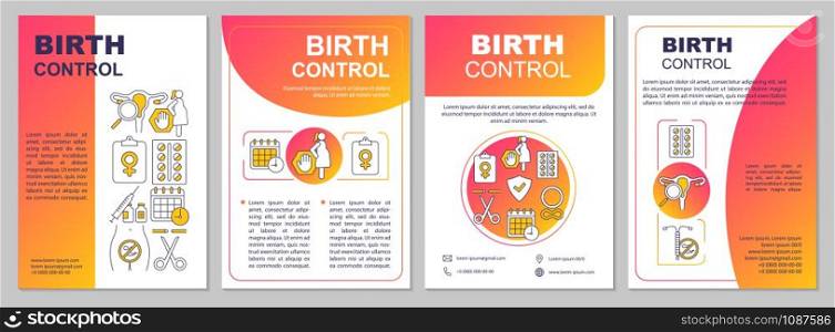 Birth control brochure template. Flyer, booklet, leaflet print, cover design with linear illustrations. Contraception methods. Vector page layouts for magazines, annual reports, advertising posters