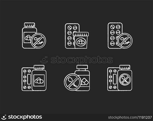 Birth control chalk icons set. Medication, pills. Unwanted pregnancy prevention. Oral contraceptive. Pharmaceutical aid. Predmenstrual syndrome prescription. Isolated vector chalkboard illustrations