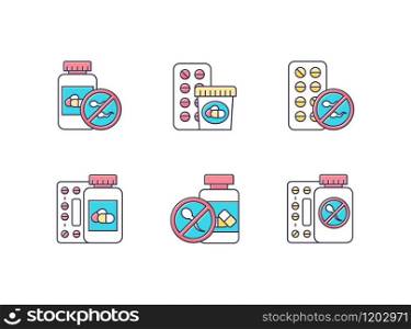 Birth control color icons set. Medication and pills. Unwanted pregnancy prevention. Oral contraceptive. Female pharmaceutical aid. Predmenstrual syndrome prescription. Isolated vector illustrations