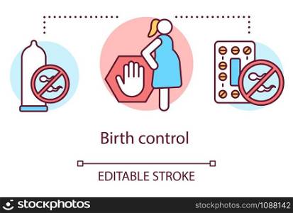 Birth control concept icon. Protected sex idea thin line illustration. Contraception, pregnancy prevention. Reproductive system, fertility. Healthcare vector isolated outline drawing. Editable stroke