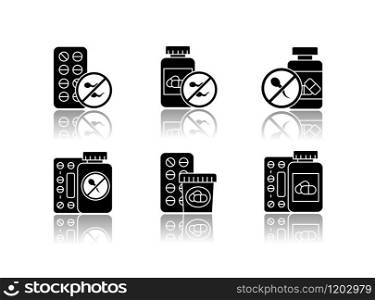 Birth control drop shadow black glyph icons set. Medication, pills. Unwanted pregnancy prevention. Oral contraceptive. Female pharmaceutical aid. Predmenstrual syndrome. Isolated vector illustrations