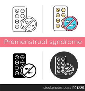Birth control icon. Female contraceptive pills. Unplanned pregnancy avoidance. Predmenstrual syndrome aid. Hormonal medication. Flat design, linear and color styles. Isolated vector illustrations