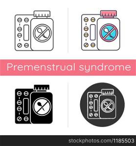 Birth control icon. Unwanted pregnancy prevention. Unintended childbirth precaution. Oral contraceptive. Predmenstrual syndrome aid. Flat design, linear and color styles. Isolated vector illustrations