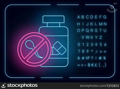 Birth control neon light icon. Oral contraceptive. Female healthcare. Unintended pregnancy prevention. Medication, pills. Glowing sign with alphabet, numbers and symbols. Vector isolated illustration