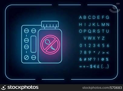 Birth control neon light icon. Unwanted pregnancy prevention. Oral contraceptive. Predmenstrual syndrome aid. Glowing sign with alphabet, numbers and symbols. Vector isolated illustration