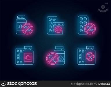Birth control neon light icons set. Medication and pills. Unwanted pregnancy prevention. Oral contraceptive. Predmenstrual syndrome prescription. Glowing signs. Vector isolated illustrations