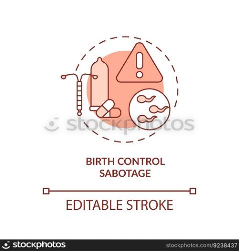 Birth control sabotage red concept icon. Family abuse. Unwanted pregnancy. Reproductive choice. Human right abstract idea thin line illustration. Isolated outline drawing. Editable stroke. Birth control sabotage red concept icon