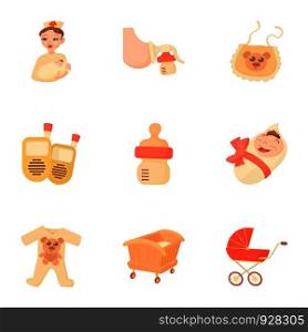 Birth icons set. Cartoon set of 9 birth vector icons for web isolated on white background. Birth icons set, cartoon style