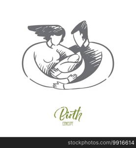Birth, mom, dad, child, lactation, family concept. Hand drawn happy parents hugging newborn baby concept sketch. Isolated vector illustration.. Birth, mom, dad, child, lactation, family concept. Hand drawn isolated vector.
