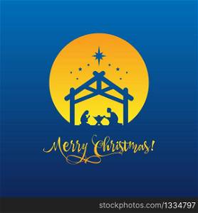 Birth of Christ, Silhouette of Mary, Joseph and Jesus with text Merry Christmas. Vector EPS 10