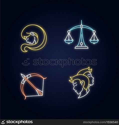 Birth signs neon light icons set. Virgo, libra, sagittarius and gemini zodiac signs with outer glowing effect. Celestial fortune telling, horoscope symbols. Vector isolated RGB color illustrations. Birth signs neon light icons set