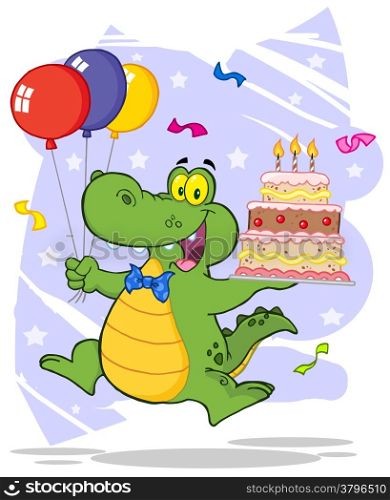 Birthday Alligator Holding Up A Birthday Cake